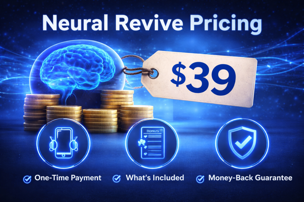 Neural Revive pricing overview showing one-time cost and money-back guarantee