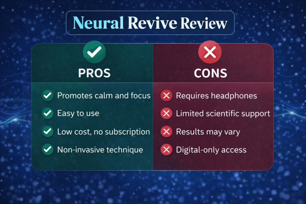 An at-a-glance summary of the main pros and cons covered in this Neural Revive review.